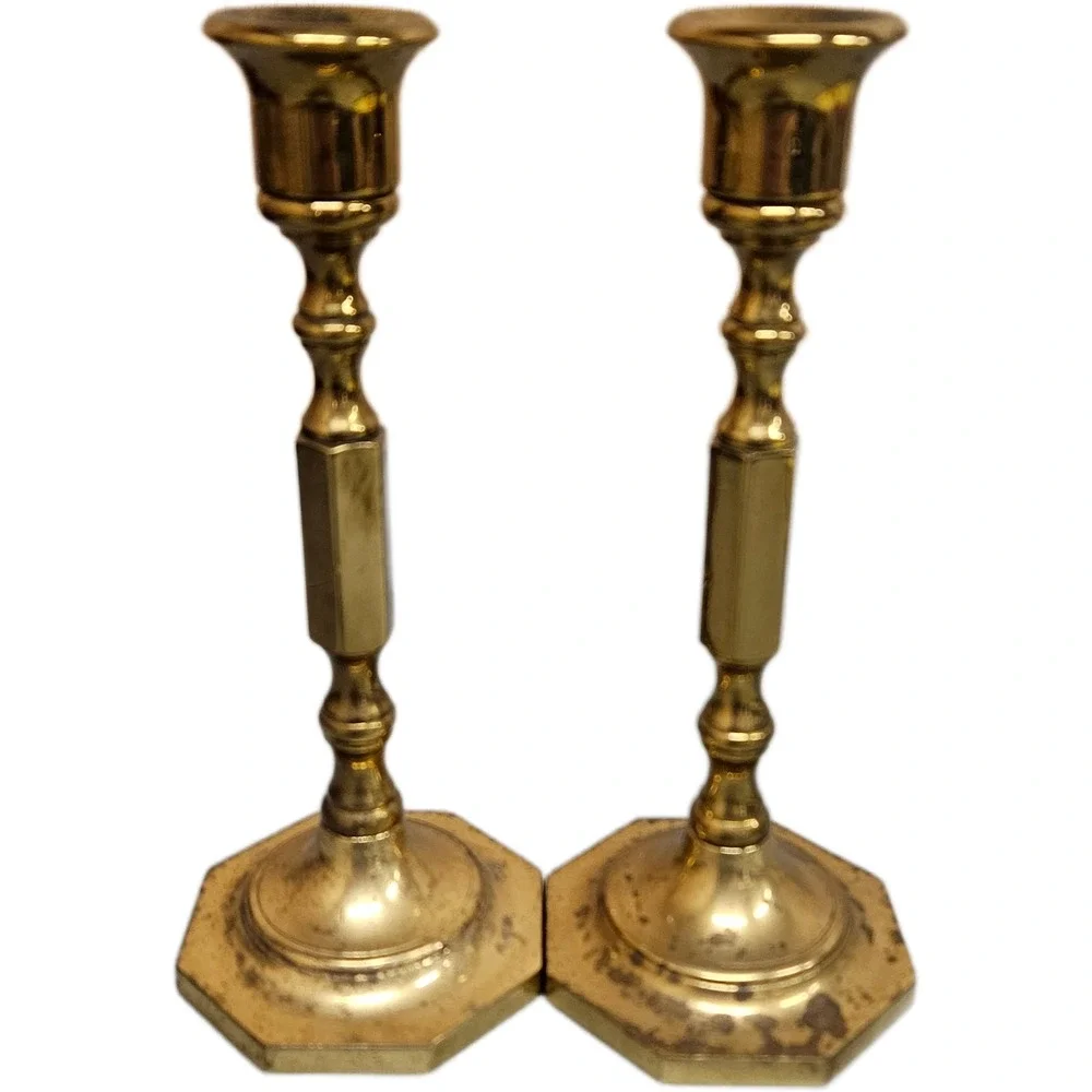 Vintage Set of 2 Baldwin Heavy Solid Brass Candlesticks Octagonal Base 7.5